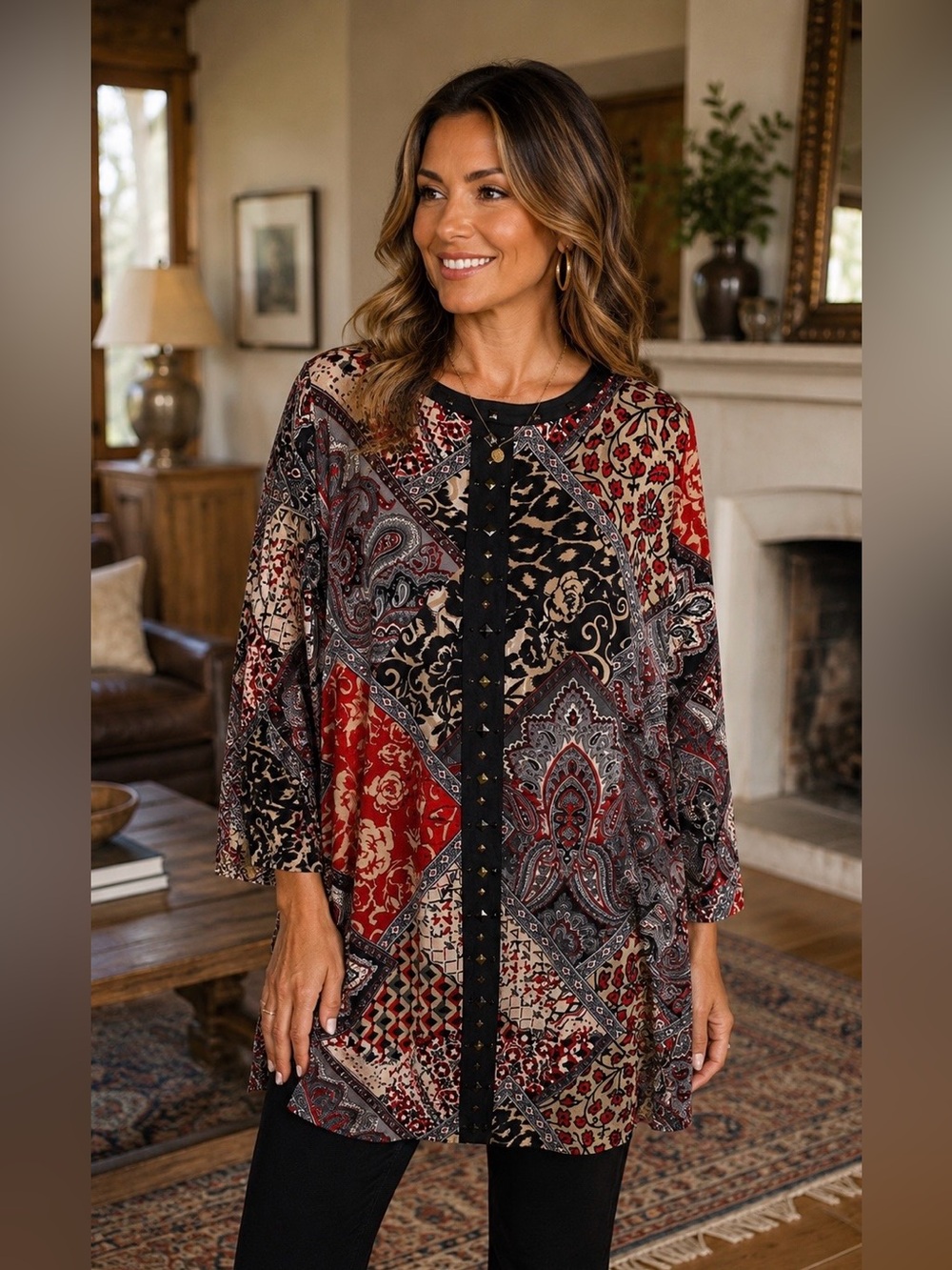 Susan Graver Boho Paisley Patchwork Studded Tunic Top Red Black XL